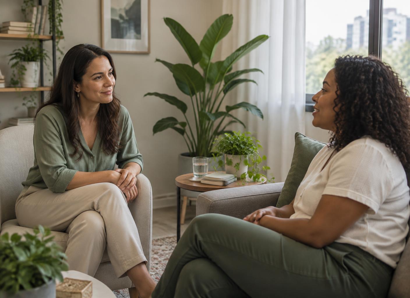 Psicóloga em uma conversa acolhedora com uma paciente